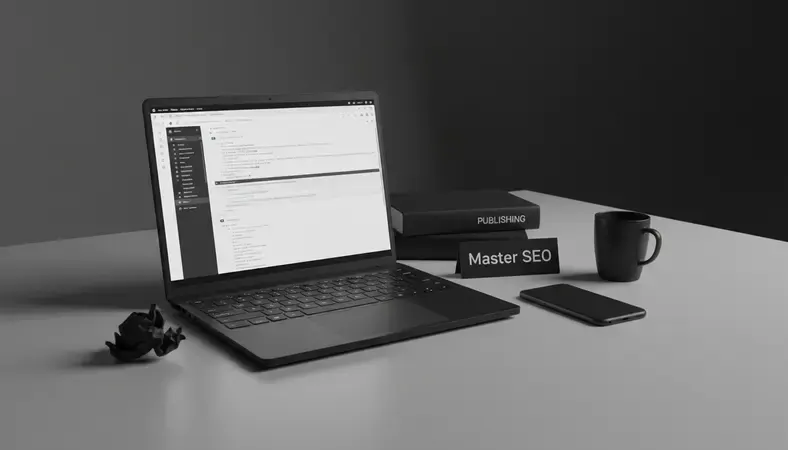 Professional workspace with laptop showing SEO analytics dashboard and content planning tools