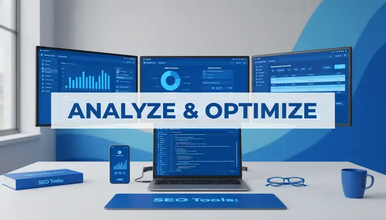 Three computer screens showing different SEO tool dashboards with charts and analytics data
