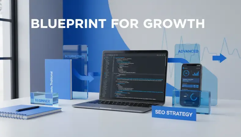 Step-by-step progression showing beginner to advanced SEO tool usage with timeline markers