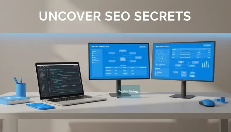 Professional workspace showing multiple screens with backlink analysis dashboards and SEO metrics