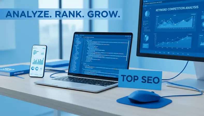 SEO professionals analyzing keyword competition data on multiple computer screens with charts and graphs