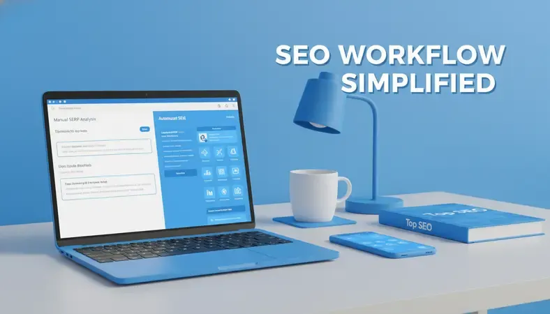 Split screen showing manual SERP analysis on one side and automated tool data on the other
