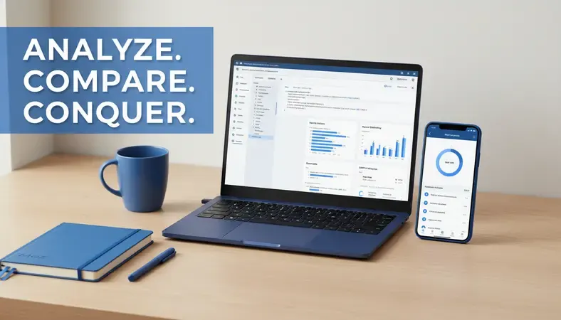 Side-by-side screenshots of different keyword competition tools showing their interfaces and data