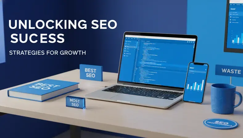 Professional workspace showing SEO strategy documents and analytics dashboard