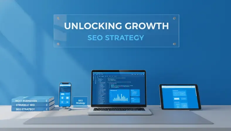 Professional workspace showing SEO strategy documents and analytics dashboard on computer screen