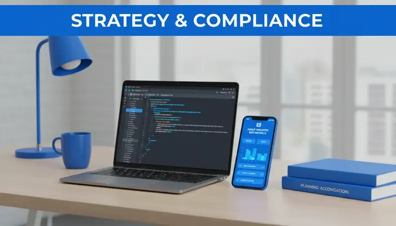 Professional analytics dashboard showing adult industry SEO metrics and compliance indicators