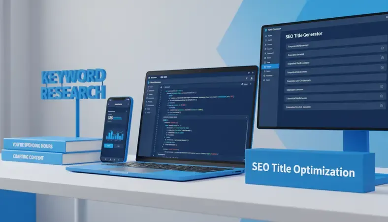 Professional workspace showing multiple SEO title generator tools on computer screens with keyword research data
