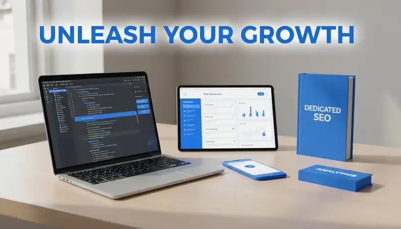 Split screen showing title generator interface with multiple title suggestions and analytics data