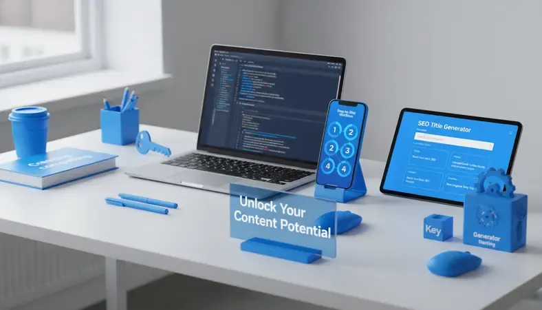 Step-by-step workflow showing SEO title generator interface with keyword input and multiple title suggestions