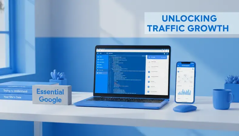 Professional workspace showing Google Search Console interface and backlink analysis tools on computer screen